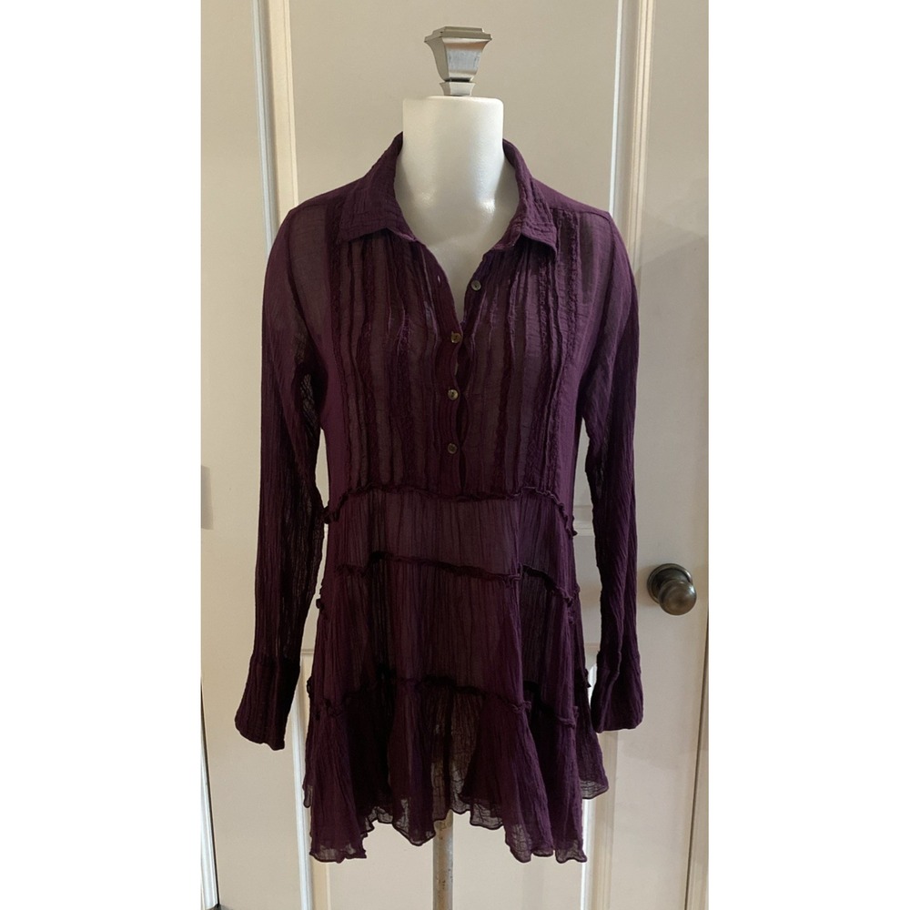 FREE PEOPLE Purple Guaze Tiered Long Sleeve Mini Dress Button Size Small‎
